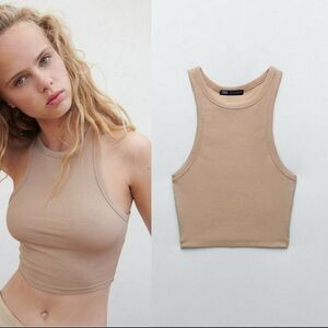 Zara Beige Sleeveless Ribbed Top Large crop top